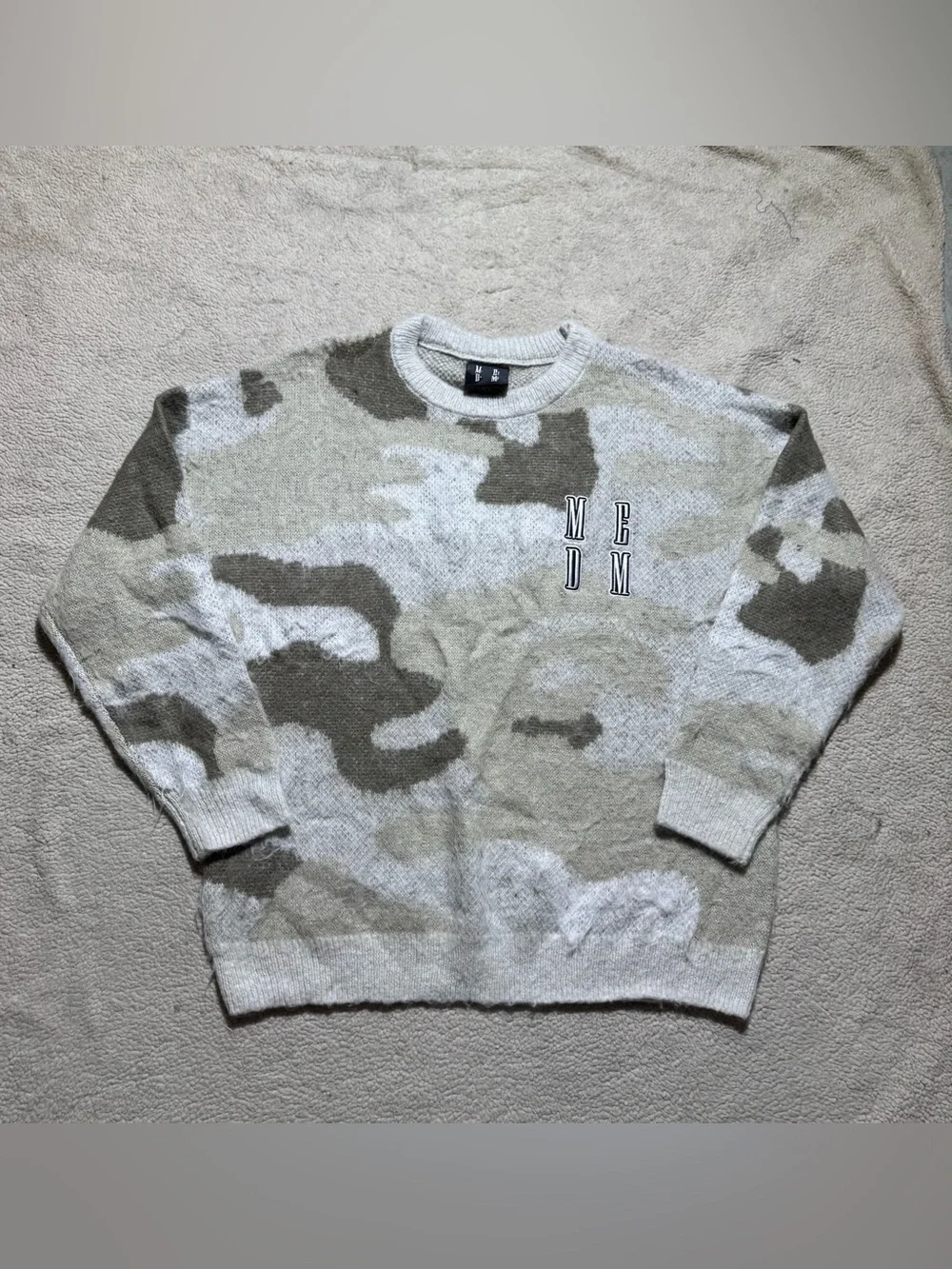 MEDM Mr Enjoy Da Money Sweater Mens Small Beige Tan Camo Knit Crew Neck Pullover